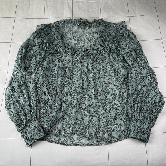 Cleobella Top Womens Small Green Loretta Iris Blue Peasant Boho Metallic Chiffon - Picture 4 of 9